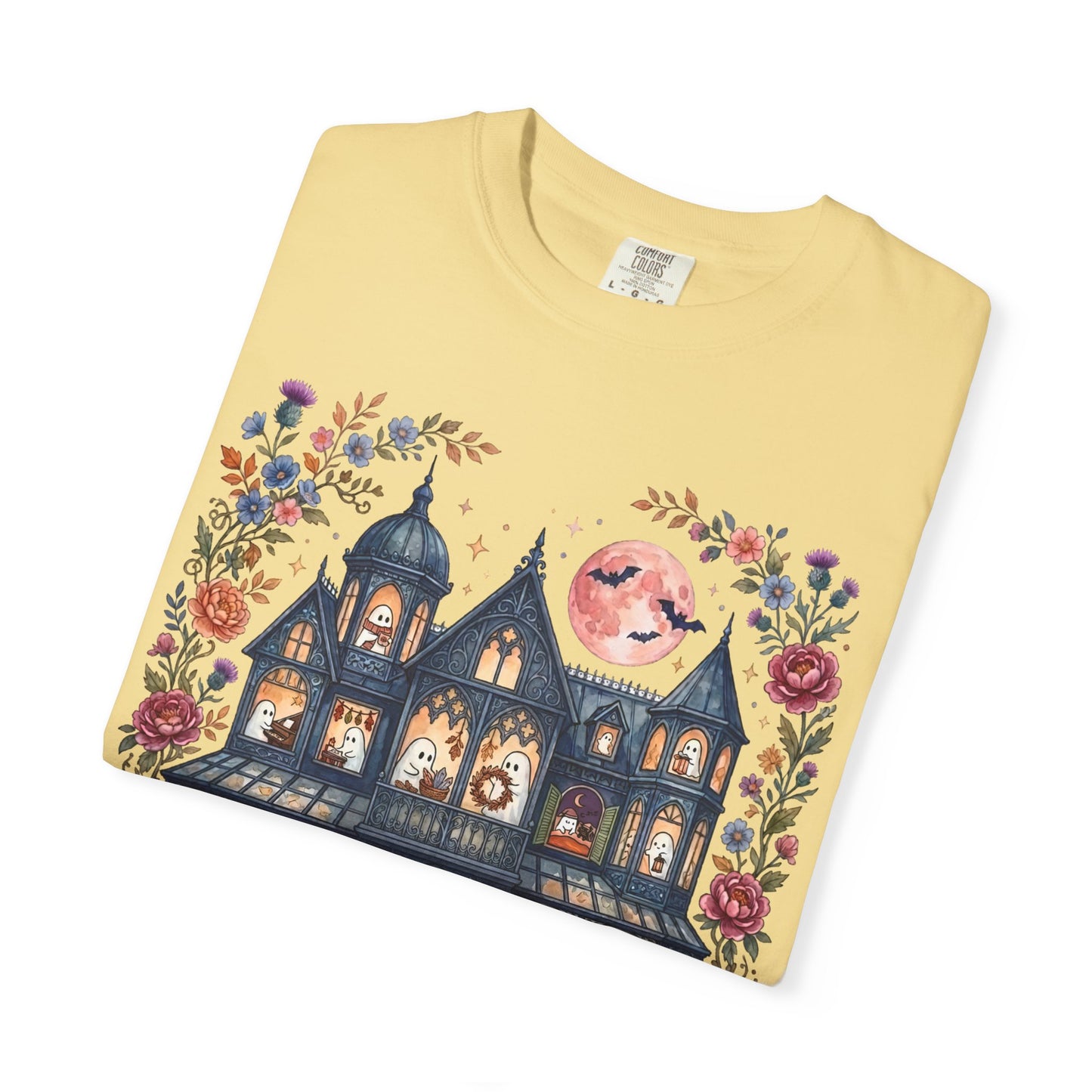 Haunted Mansion Halloween T-Shirt in Butter — Victorian ghost house with pumpkins, fall florals & full moon graphic tee