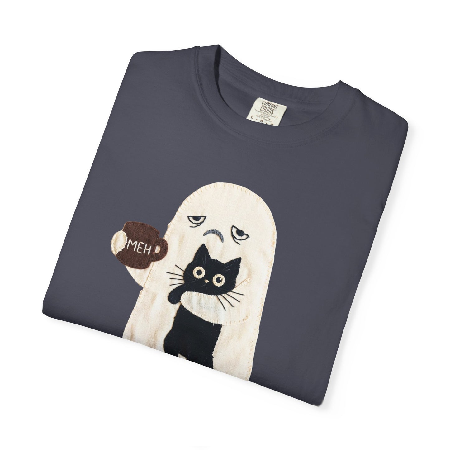 Grumpy ghost holding MEH mug with black cat graphic on Navy Comfort Colors garment-dyed tee