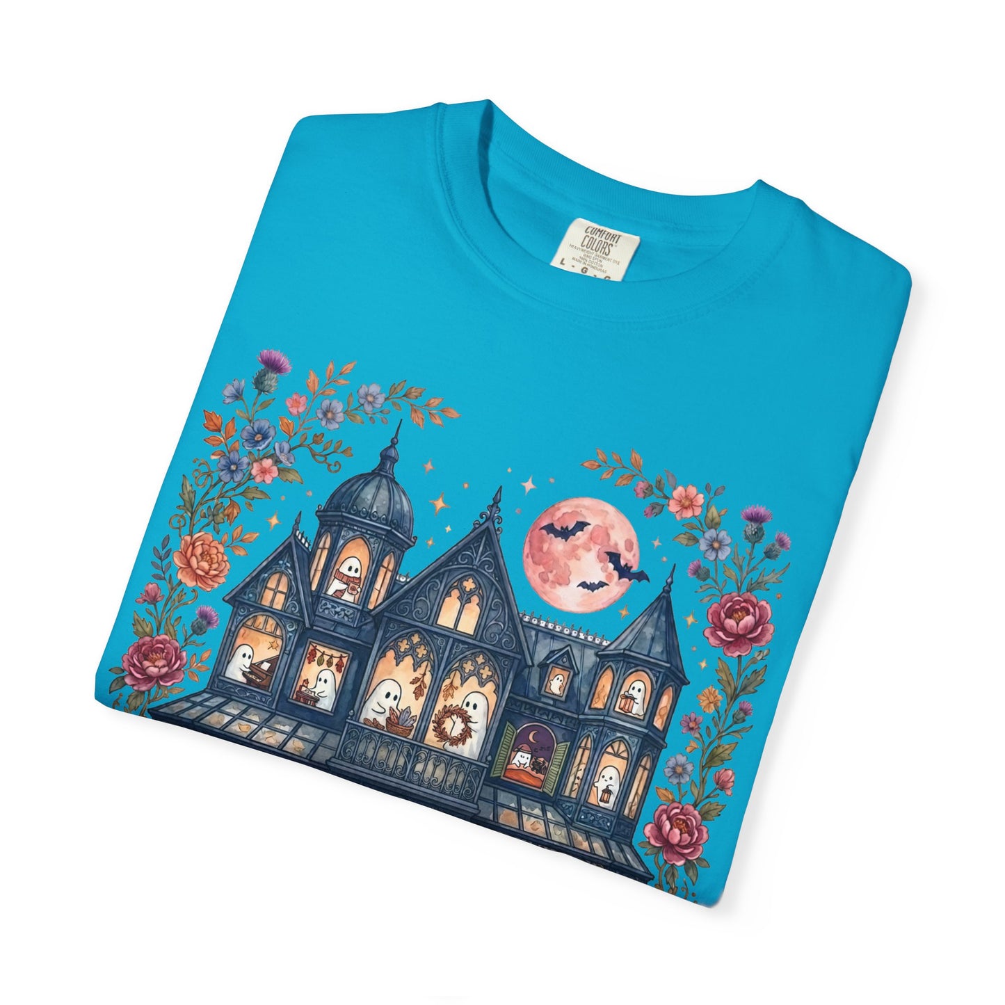 Haunted Mansion Halloween T-Shirt in Sapphire — Victorian ghost house with pumpkins, fall florals & full moon graphic tee