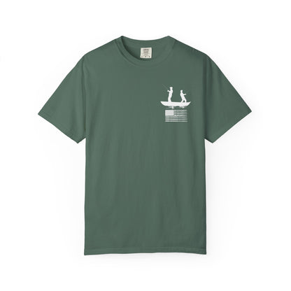 Fishing Flag T-Shirt in light green color— American flag fishing graphic tee, front view