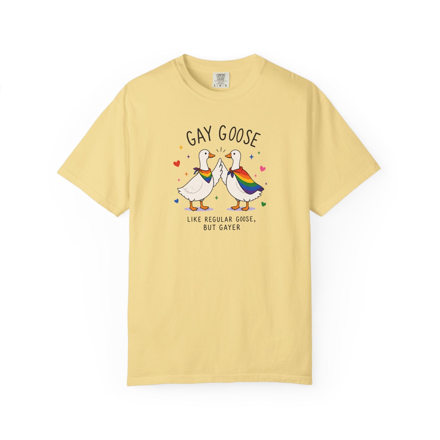 Gay Goose T-Shirt in Butter — cute rainbow LGBTQ+ pride tee, garment-dyed Comfort Colors 1717
