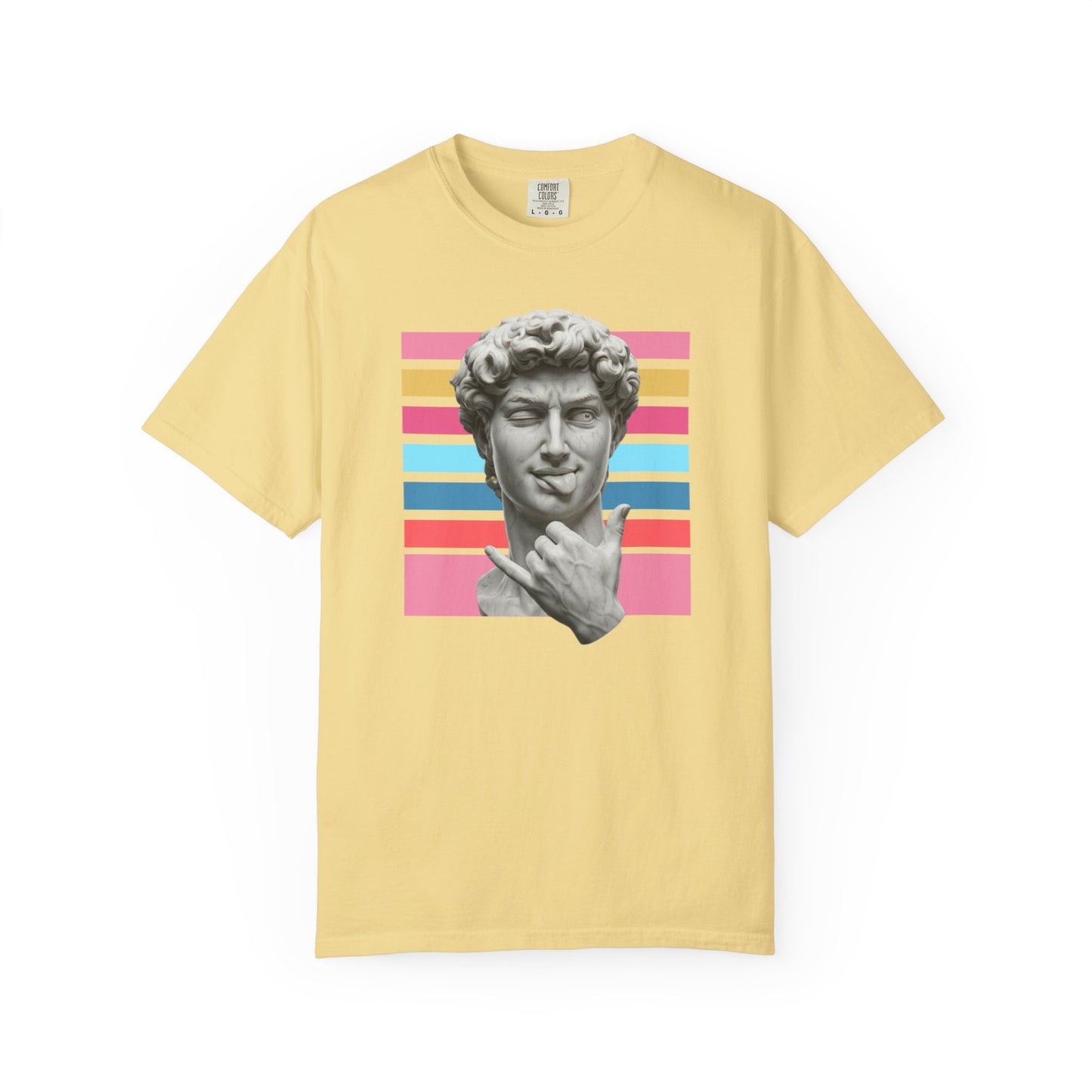 Winking David Statue Graphic T-Shirt — Retro Art Tee with Color Stripe