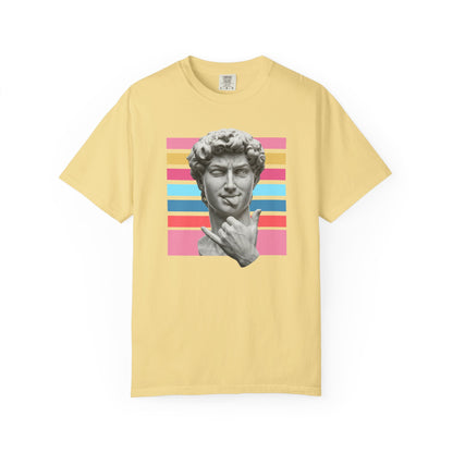 Winking David Statue Graphic T-Shirt — Retro Art Tee with Color Stripe