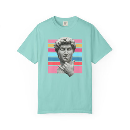 Winking David Statue Graphic T-Shirt — Retro Art Tee with Color Stripe