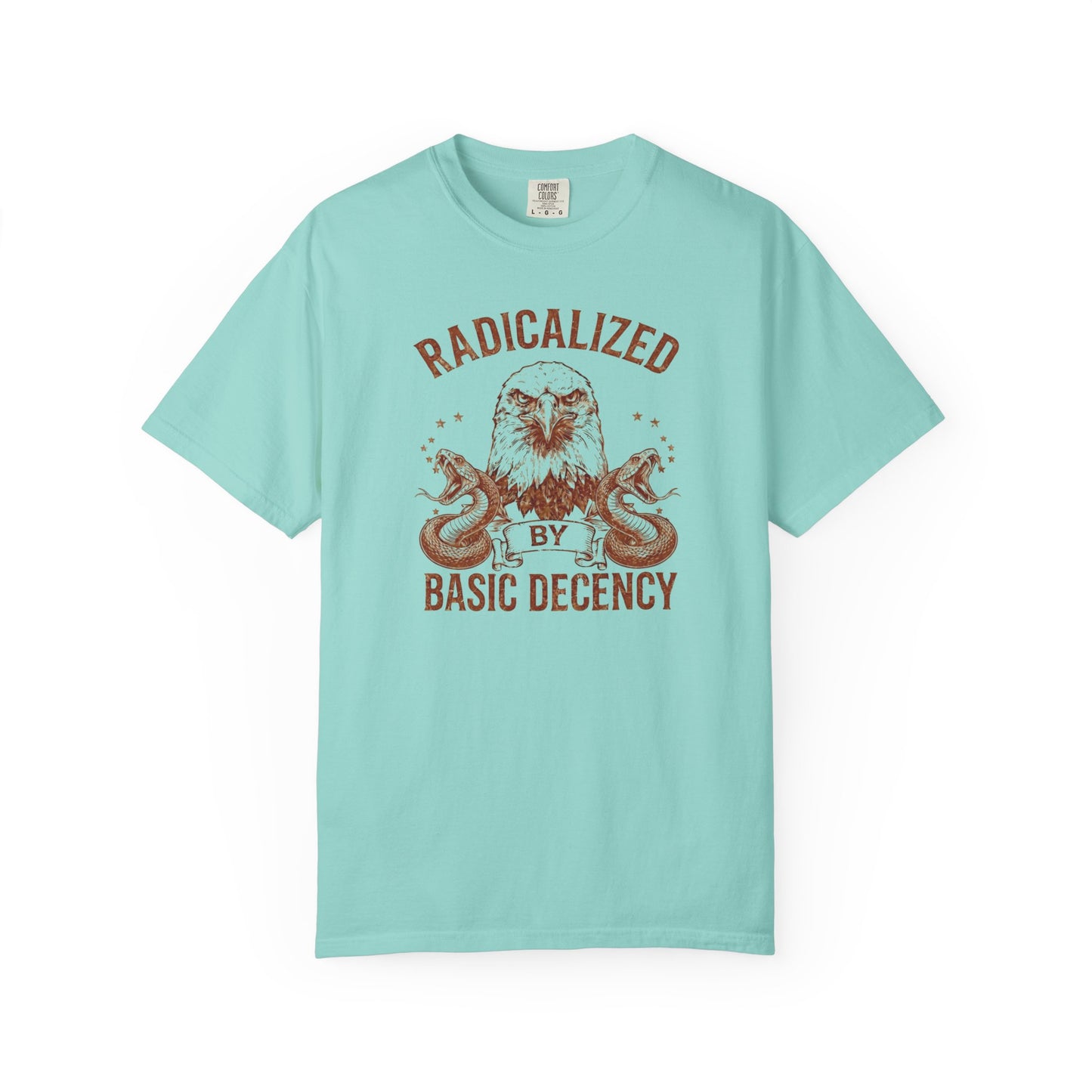 Radicalized by Basic Decency Chalky Mint garment-dyed graphic tee — eagle and snake vintage design, Comfort Colors 1717