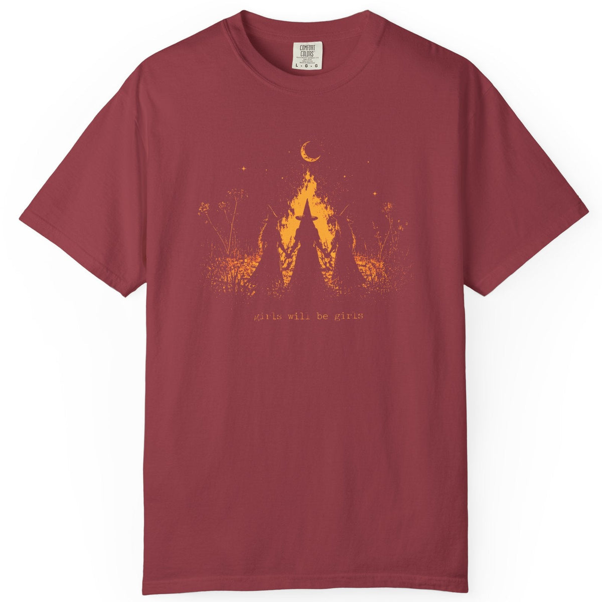 Girls Will Be Girls witch graphic tee in Chili — coven of witches around a campfire with crescent moon, feminist occult design front and back design 