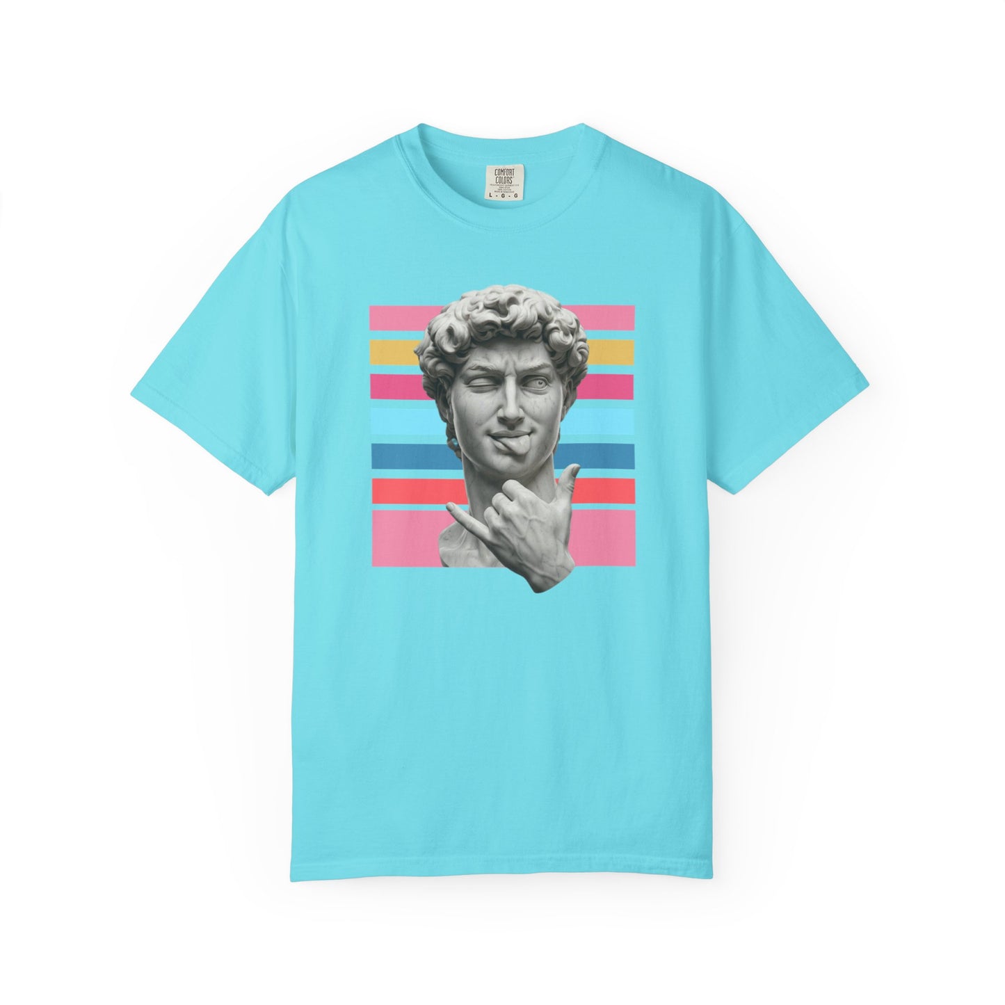 Winking David Statue Graphic T-Shirt — Retro Art Tee with Color Stripe