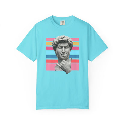 Winking David Statue Graphic T-Shirt — Retro Art Tee with Color Stripe
