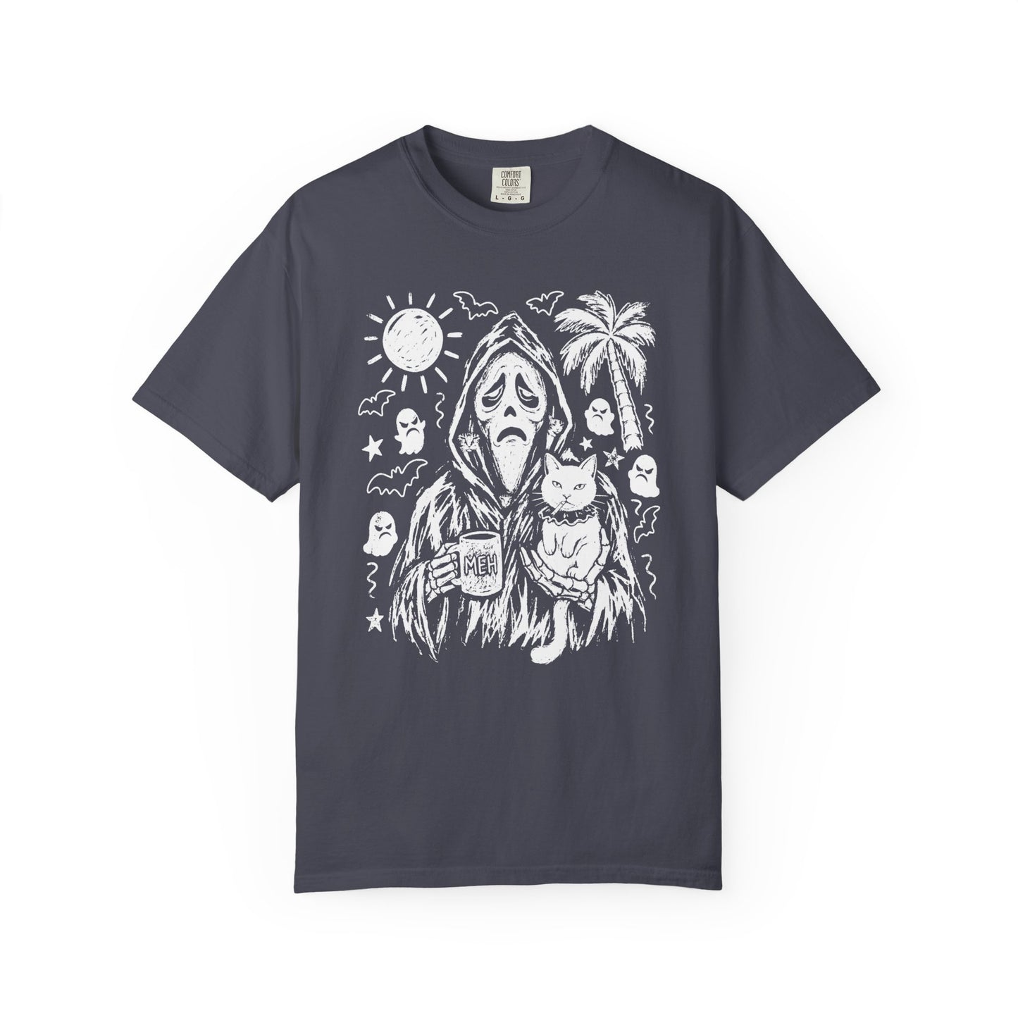 Cat gang ghostface reaper holding cats and MEH mug sketch graphic on NavyComfort Colors tee