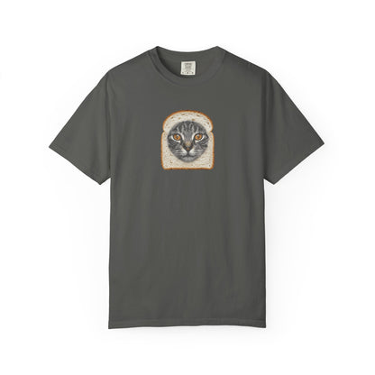 pepper t-shirt with graphic of cat sticking out a bread loaf on a white background