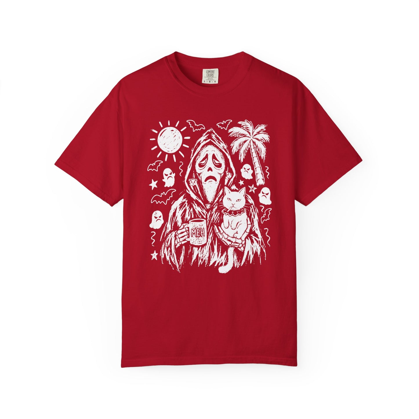 Cat gang ghostface reaper holding cats and MEH mug sketch graphic on Red Comfort Colors tee