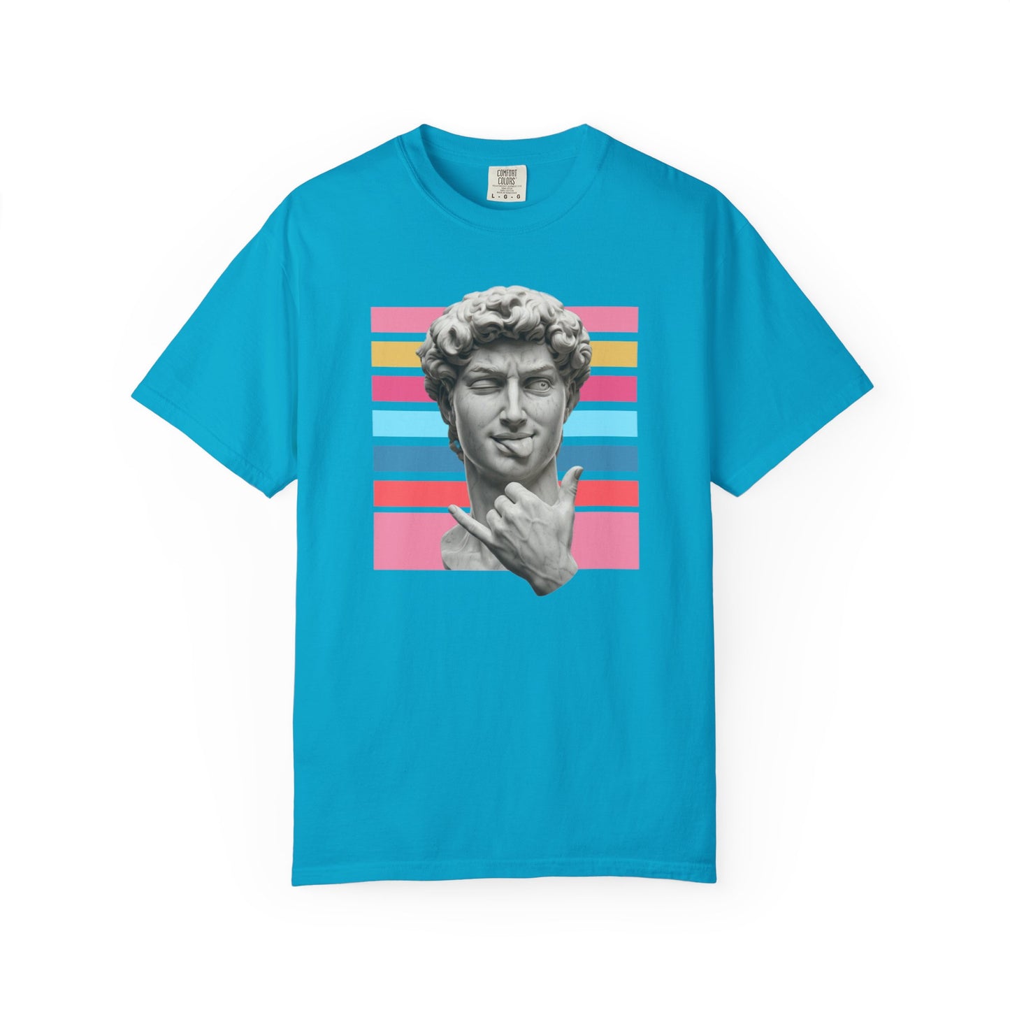 Winking David Statue Graphic T-Shirt — Retro Art Tee with Color Stripe