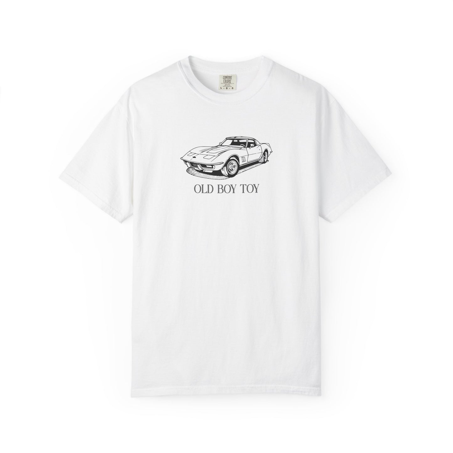 White t-shirt with a car graphic and 'Old Boy Toy' text on a white background