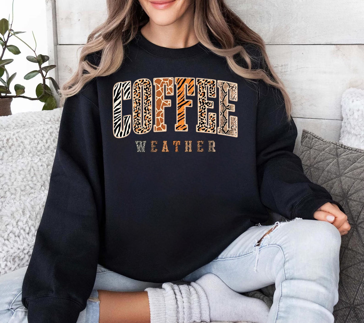 Coffee Weather Crewneck Sweatshirt in Black– DTG animal print graphic, unisex cozy fall pullover