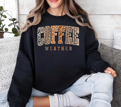 Coffee Weather Crewneck Sweatshirt in Black– DTG animal print graphic, unisex cozy fall pullover