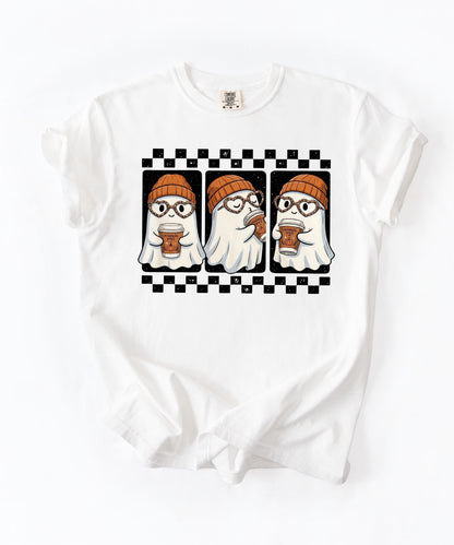 Ghost pumpkin spice coffee t-shirt in white — cute beanie ghost graphic tee for fall