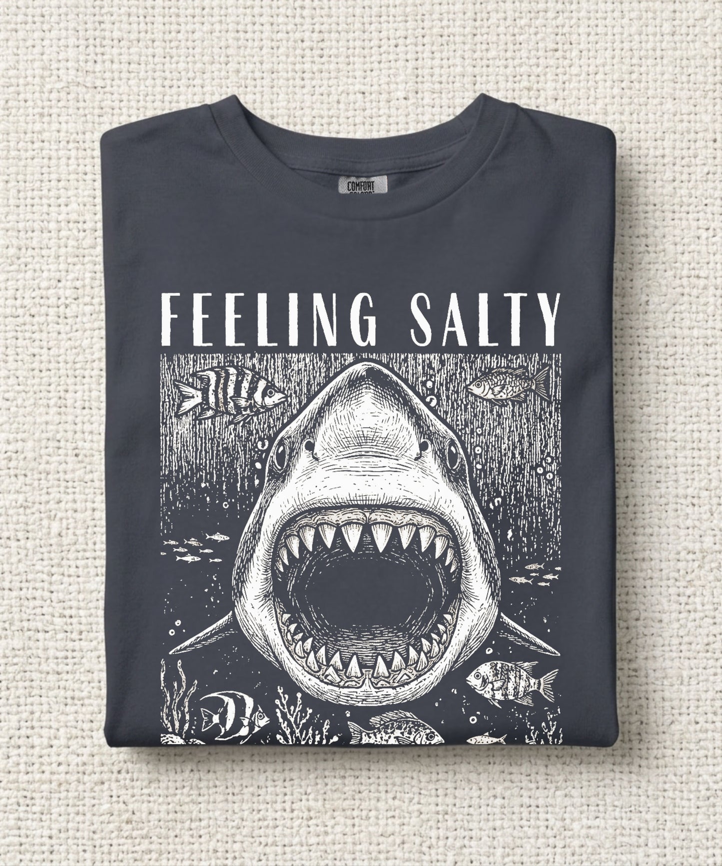 Feeling Salty Shark T-Shirt in Navy — Comfort Colors vintage ocean graphic tee, unisex relaxed fit