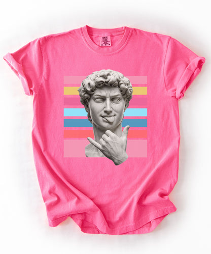 Winking David Statue Graphic T-Shirt — Retro Art Tee with Color Stripe