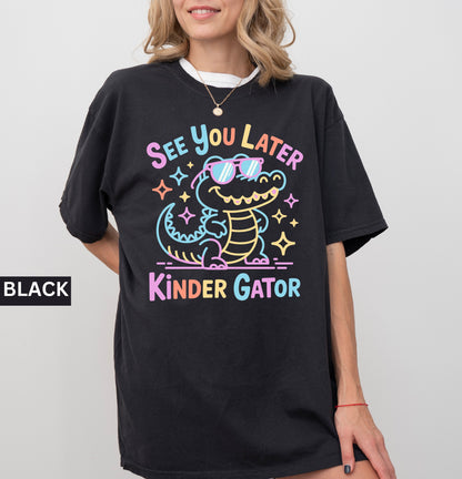 Black t-shirt with colorful 'Kinder Gator' design worn by a person on a plain background