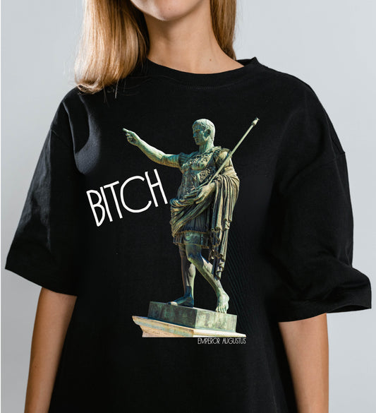 person wearing a black t-shirt with a graphic of a statue pointing and the word 'Bitch' on a white background