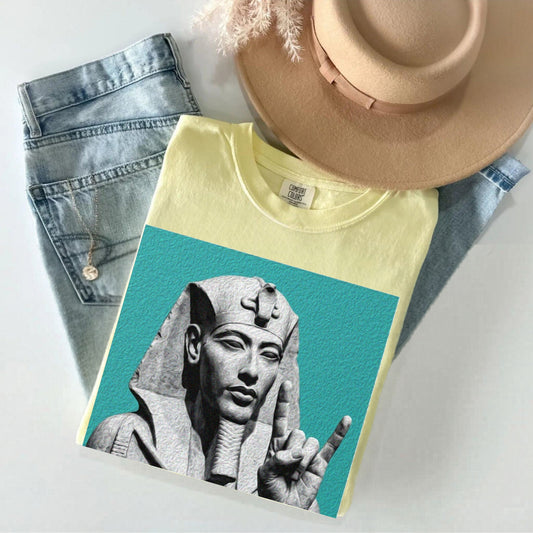 Egyptian Pharaoh Graphic T-Shirt in Butter— vintage ancient Egypt statue print, garment-dyed Comfort Colors 1717
