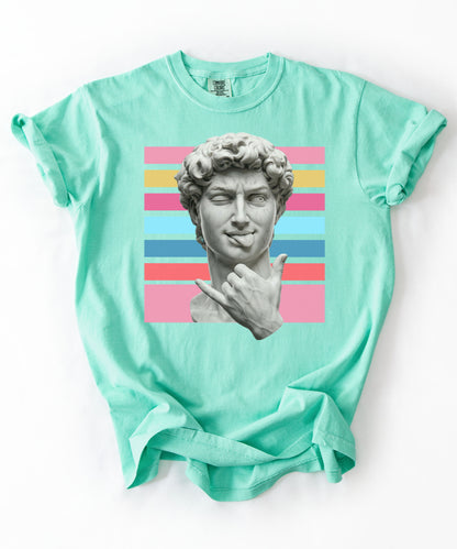 Winking David Statue Graphic T-Shirt — Retro Art Tee with Color Stripe