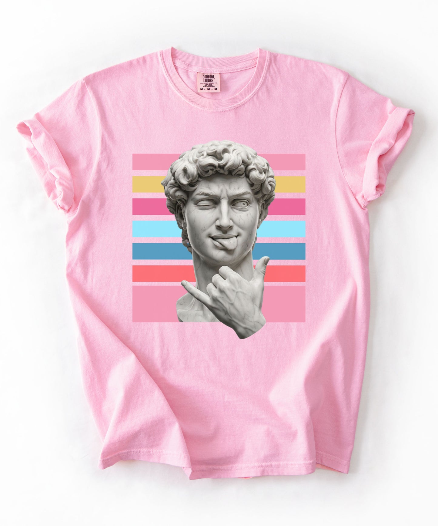 Winking David Statue Graphic T-Shirt — Retro Art Tee with Color Stripe