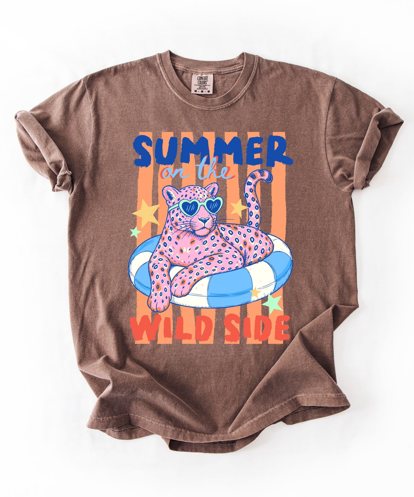 espresso colored  t-shirt with a graphic of a leopard on an inflatable ring and 'Summer on the Wild Side' text.