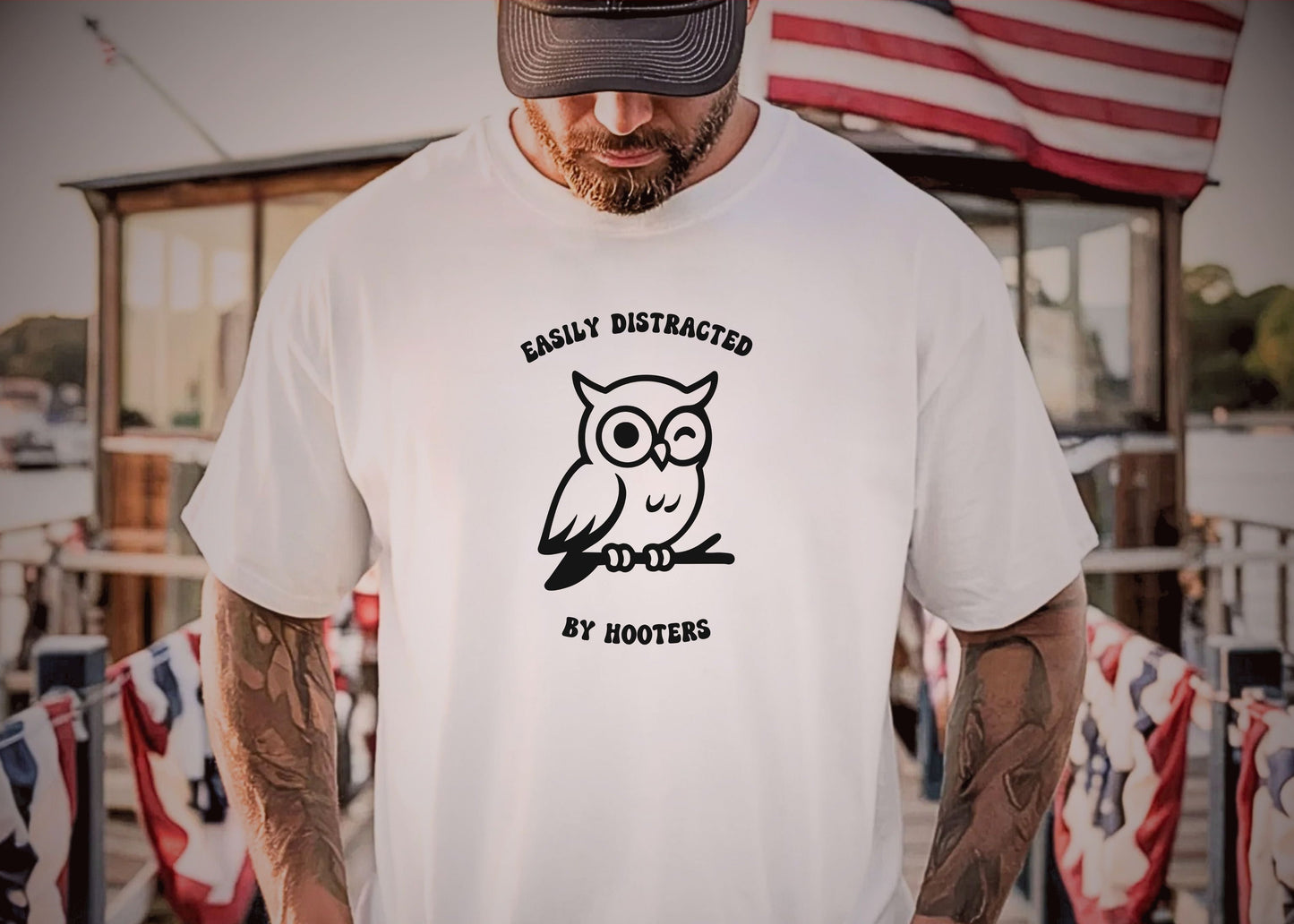 asily Distracted by Hooters funny owl graphic tee in White – GodaStudio