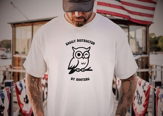 asily Distracted by Hooters funny owl graphic tee in White – GodaStudio