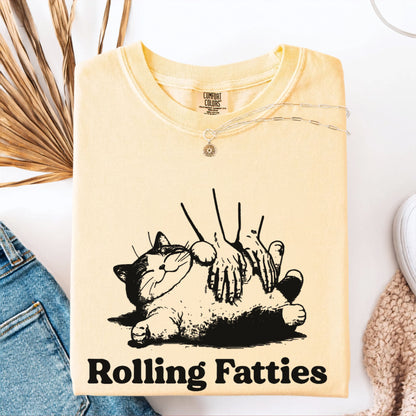 Rolling Fatties Funny Cat T-Shirt in Butter garment-dyed graphic tee for cat lovers
