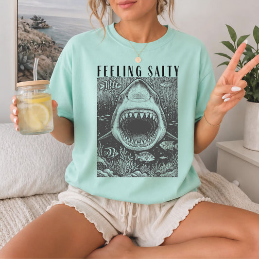 Feeling Salty Shark T-Shirt in Chalky mint — Comfort Colors vintage ocean graphic tee, unisex relaxed fit