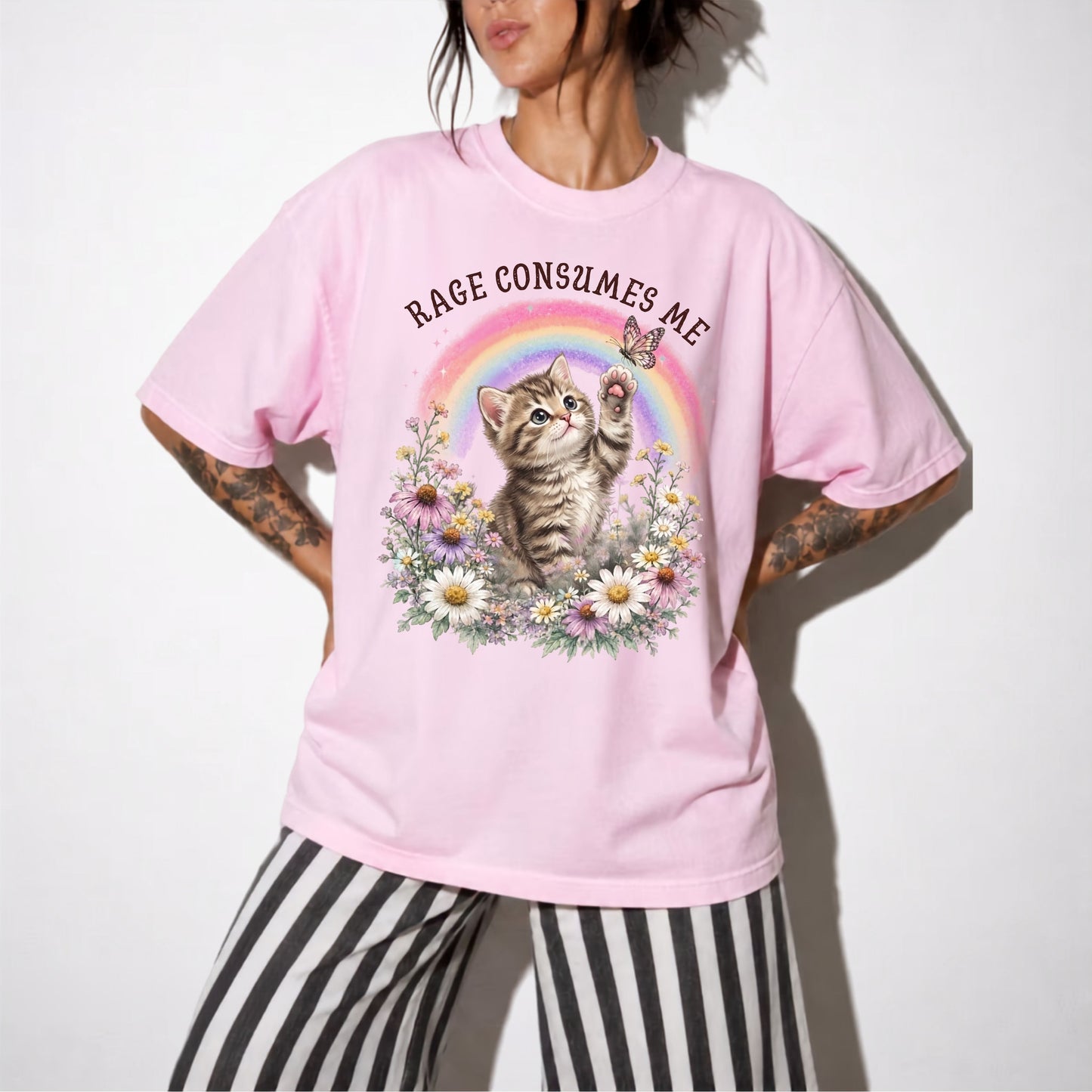 Rage Consumes Me funny cat graphic tee in Blossom — Comfort Colors garment-dyed shirt with floral kitten design