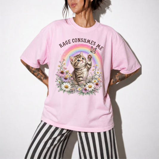 Rage Consumes Me funny cat graphic tee in Blossom — Comfort Colors garment-dyed shirt with floral kitten design