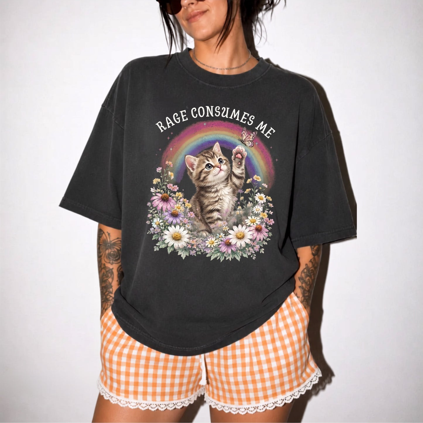 Rage Consumes Me funny cat graphic tee in Black — Comfort Colors garment-dyed shirt with floral kitten design