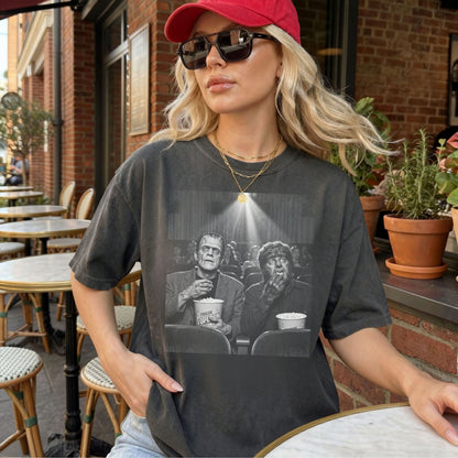 Frankenstein & Wolf Man Scary Movie Night T-Shirt in Pepper — garment-dyed horror movie tee
