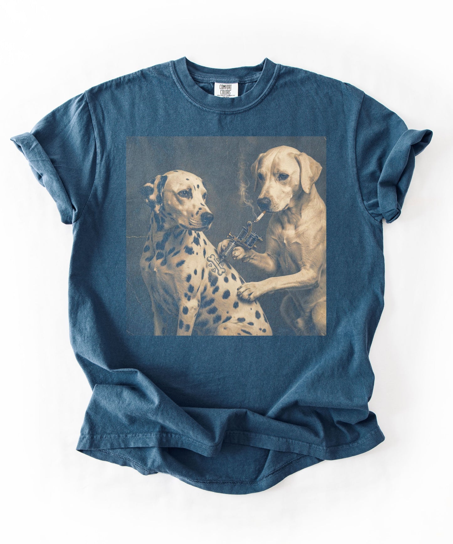 Comfort Colors retro Dalmatian tattoo artist t-shirt in Midnight — funny dog meme graphic tee flat lay