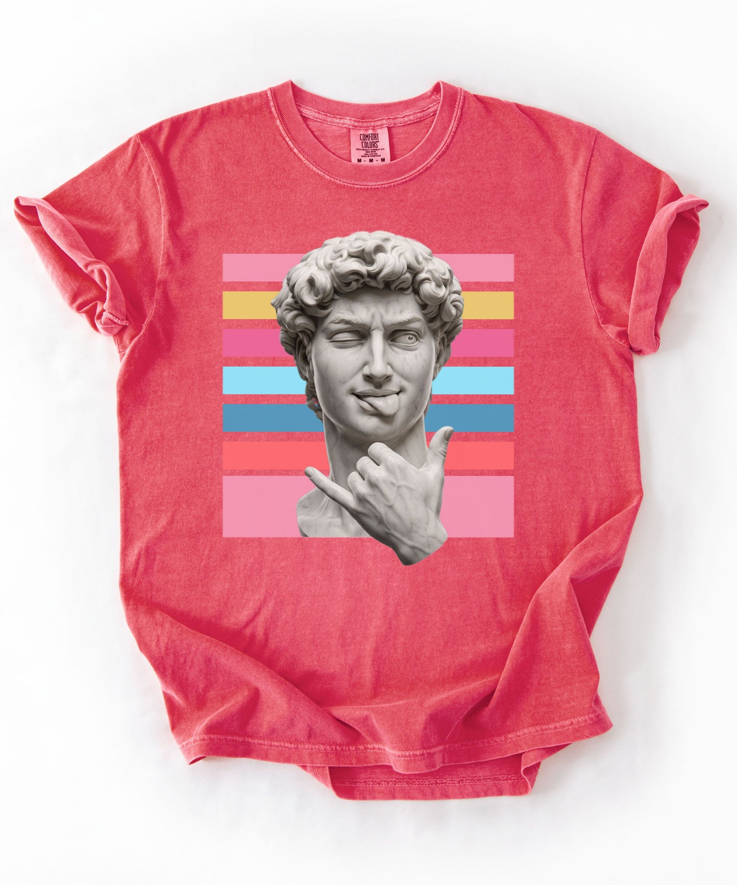 Winking David Statue Graphic T-Shirt — Retro Art Tee with Color Stripe
